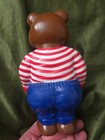 Vintage Jsny Plastic Bear Coin Bank Striped Sweater Large Belly Figurine 9273