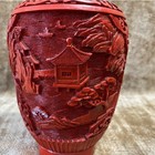 Vintage 8  Red Cinnabar Vase     Hand-carved Chinese Lacquer Brass Trim