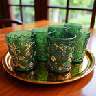 Set Of 6 Antique Eapg Green Glass Tumblers W Gold Gilded Leaves   Flowers Pat   