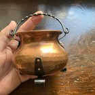 Small Hammered Copper Cauldron Pot With Ornate Handles And Grape Leaves Vintage
