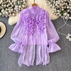 Lady Ruffles Blouses Ribbon Shirts T-shirts Chiffon Sheer Puff Sleeve Tops Fairy