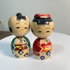 Vintage Miniature Kokeshi Couple Wooden Dolls Bobblehead Japan