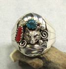Native American Navajo Signed Sterling Silver Turquoise Wolf Ring Size 12  181
