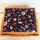 Vtg 1998  Large Wicker Sewing Basket With Fabric Lid Wooden Handle 13x8x11