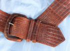 Vtg Ruza Leather Belt Brown Croc Embossed V-front Buckle Wide Hip Statement Sz S
