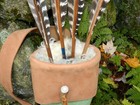 Handmade Green Leather Traditional Archery Back Quiver For Arrows Antler Accents