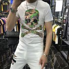 New Men Luxury Rhinestones Gothic Fashion Skull Black White T-shirt High Quality