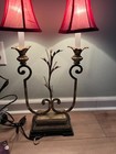 Ornate Double Candelabra Table Lamp - Hollywood Regency Gothic Style - Red Shade