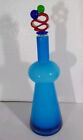 Vintage Art Glass Decanter-blue Bottle W red Green   Dark Blue Stopper 14 5 Tall