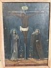 19th Century Retablo Antique Mexican Oil On Tin Painting Crucifixion Of Christ