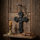 Small Cast Iron Fleur De Lis Vines Wall Cross Hanging Rope Glossy Black 5 1 2 In