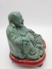 Laughing Buddha Cast Bronze Green Patina Statue   Wood Stand Vtg Large