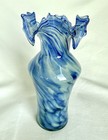Vintage Hand Blown Blue   White Swirl Vase Ruffle Rim 9    Tall Murano Style