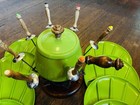 Mid Century 1970s-era Enamel Fondue Party Set In Bright Green With Wood Handle