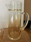 Vintage Amber Glass Pitcher W  4 Cocktail Glasses Set  Gold Rim band  5-piece