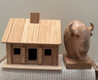 Vintage Wood American Bison Buffalo Handmade Carved Wildlife And Log House
