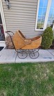 Antique Wicker Baby Stroller Carriage With Antique Doll - 1930 s