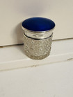 Antique Sterling Silver   Blue Enamel Cut Crystal Glass Vanity Jar 1928