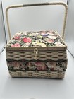 Vintage Fabricville Wood Wicker Floral Square Sewing Basket W satin Lining