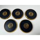 Vintage Lion Crest Gold Tone Brass Coasters Set Of 5 Navy Black Faux Leather Mcm