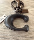Nwt Coach Signature C Bag Charm Key Fob Keychain Pewter   Black Leather C8433