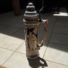 German Lidded Beer Stein Tall Blue   Beige Relief Scene Hinged Metal Lid