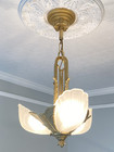 Antique Art Deco Slip Shade Ceiling Light Fixture Chandelier Electrolier 3 Glass