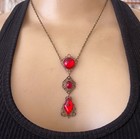 Art Nouveau Necklace Brass Filigree Triple Pendant W  Antique Red Czech Glass