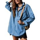 Womens Long Sleeve Casual V Neck Button Denim Pullover Tops -jean Shirts Dresses