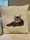 Beautiful Extra Large Embroidered Cat Pillow Ivory Front With Light Taupe Back