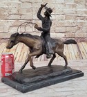 C m  Russell Bronze Cowboy Riding Horse Statue 16  Art With Marble Base