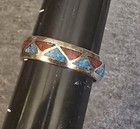 Vintage Native American Sterling Silver Coral   Turquoise Ring Band Sz 13