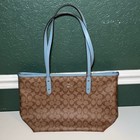 Coach City Zip Tote Signature Canvas Tan And Light Blue Bag F58292