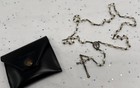 Rare Vtg Sterling Silver Cross Round  Moonstone Beads Rosary 17     italy W pouch