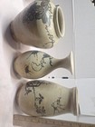 Vintage Korean Buncheong Style Pottery Vases Jars Set Bird Grape Motif Stoneware
