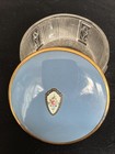 Vtg Art Deco Mcm Ribbed Glass Vanity Powder Jar With Blue Brass Rim Lid Preowned
