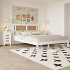 3pcs Bedroom Sets Queen Size Wooden Rattan Platform Bed  2 Nightstands  White