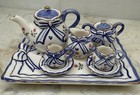 Vintage Blue Pink Bows China Miniature Tea Set 10 Pcs Teapot Floral Gold Rim