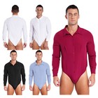 Mens Bodysuit Long Sleeve Undershirt Button Down Jumpsuit Romper Leotard Tops