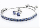 Blue Cubic Zirconia Rhodium   Sterling Silver Bracelet And Earrings Set New