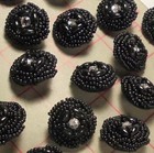 5 Vintage Hand Beaded Buttons Rhinestone Center 4 Oval   Seed Beads Jet Black