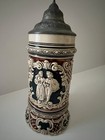German Relief-molded Antique Stoneware Beer Stein Mug With Pewter Lid