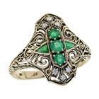 9k Yellow Gold Emerald And Diamond Vintage Style Filigree Ring