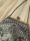 Antique Micro Bead Fringed Metal Frame Purse W  Rose s Floral Pattern