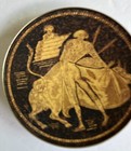 Spanish Damasquino Gold Tone Inlay Plate Etched Matador   Bull On 3 Leg Stand