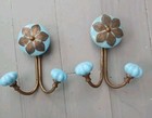 Pair Turquoise Blue Ceramic Filigree Wall Hook Ornate Flower Brass Overlay  184