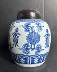 Antique 18th Cent  Chinese Blue   White  Porcelain Ginger Jar W Wood Lid
