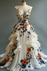 Vinatge Champagne Wedding Dresses V Neck With Florals Tiered A Line Bridal Gowns