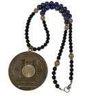 1950s Mayan Calendar Sterling Silver Lapis Lazuli Onix Bead Pendant Necklace 