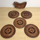 Vintage Set Of 5 Scalloped Leather Coasters   Holder Paraguay Travel Souvenir 